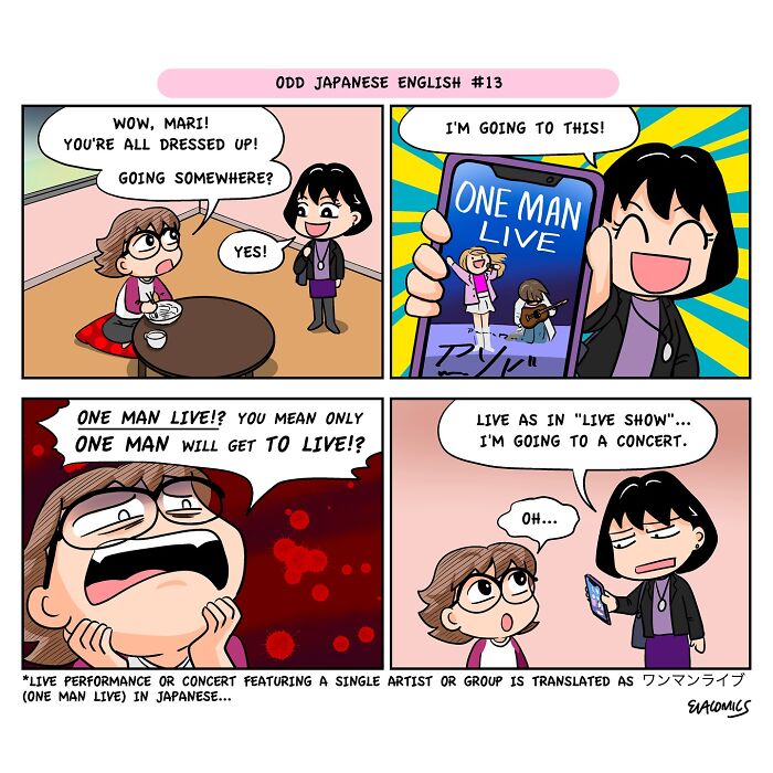 Comic panels illustrating travel culture shock with humorous confusion over Japanese English in a relatable travel comic by the artist.