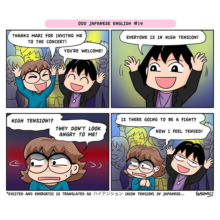 Comic panels illustrating travel culture shock through misunderstandings of Japanese English phrases in a relatable travel comic.