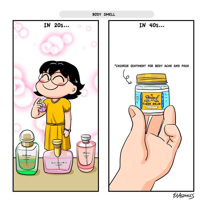 Cartoon comic showing travel culture shock with body smell differences in 20s and 40s using perfume and ointment.