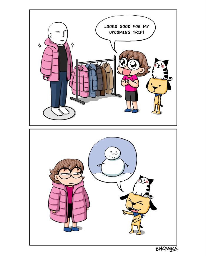 Comic illustrating travel culture shock with character excited about winter clothes, then realizing the cold weather and snowman.