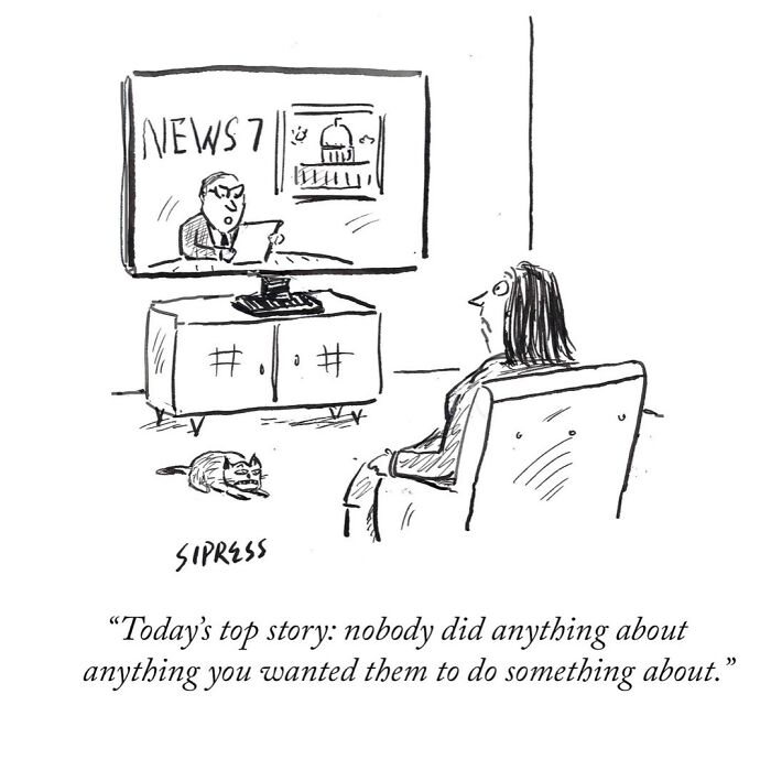 New Yorker cartoon by David Sipress showing a woman watching TV news with a sarcastic top story caption.