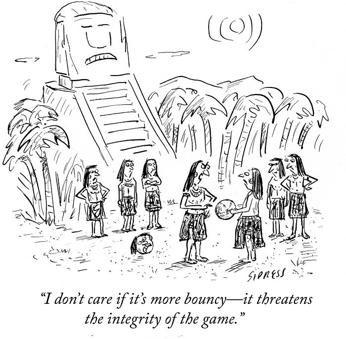 Cartoon by David Sipress showing ancient people debating over a ball near a temple, reflecting New Yorker cartoons humor.