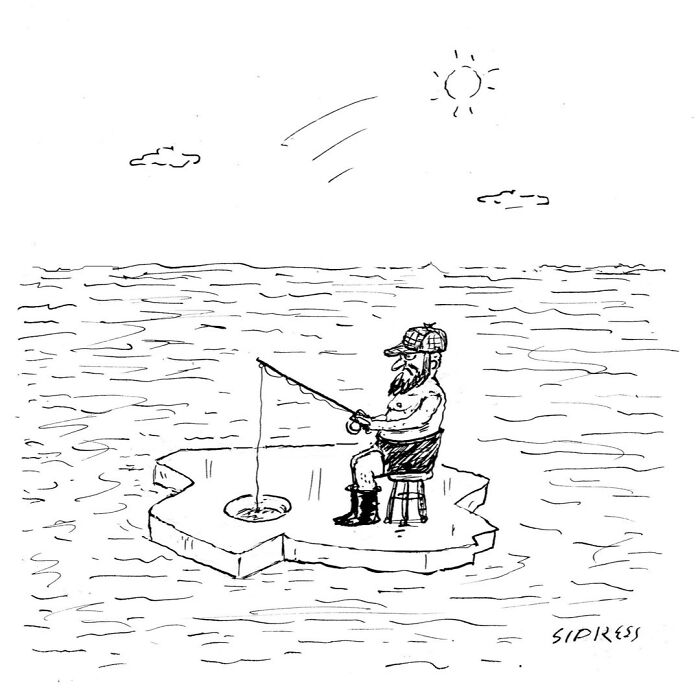 Man fishing on a floating puzzle piece in the ocean, cartoon style by David Sipress from New Yorker cartoons.