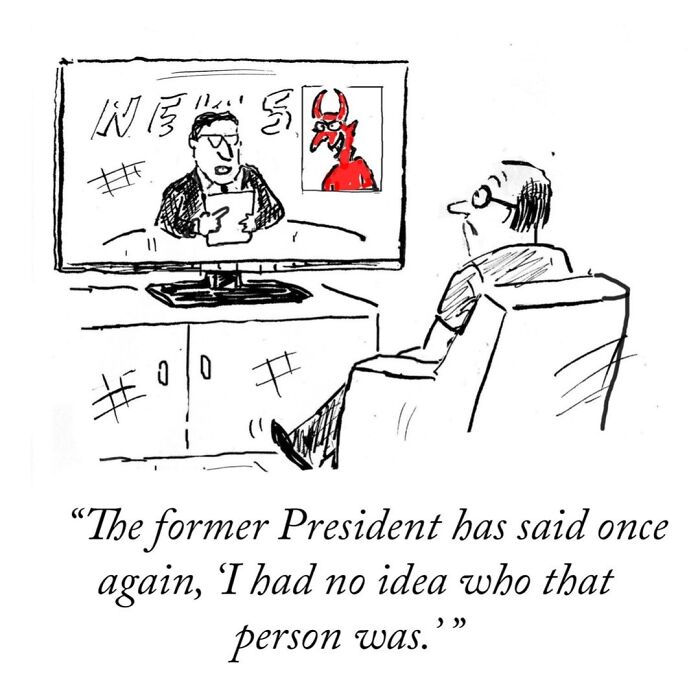 Man watching a New Yorker cartoon by David Sipress on TV with a humorous news caption about a former President.