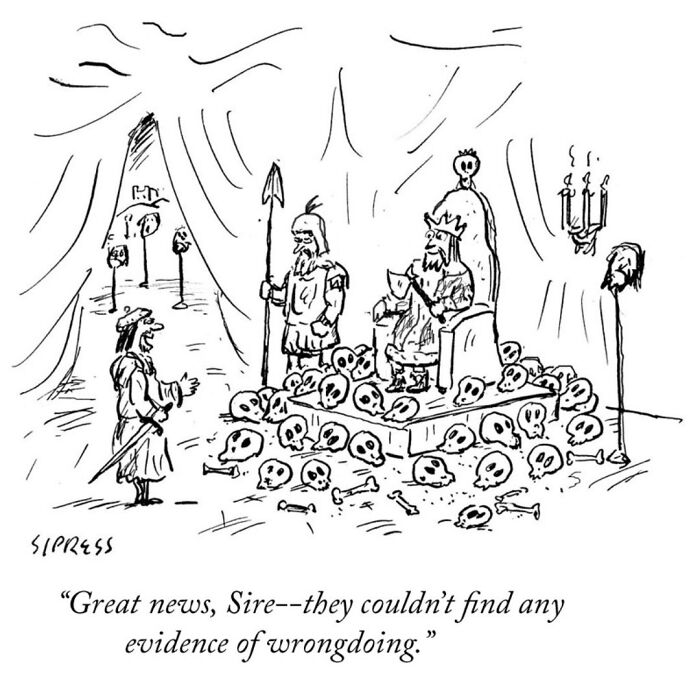 Medieval king seated on a skull-covered throne with a guard and messenger in a New Yorker cartoon by David Sipress.