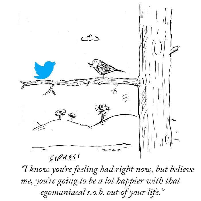 New Yorker cartoon by David Sipress showing a bird talking to a Twitter logo on a tree branch.