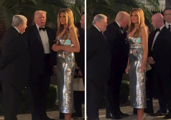 Melania Trump in a silver dress displaying body language at Mar-a-Lago New Year's Eve event with guests in tuxedos. Melania Trump in a silver dress displaying body language at Mar-a-Lago New Year's Eve event with guests in tuxedos.