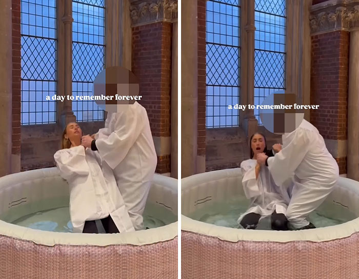 Adult star wearing white robe being baptized in a small indoor baptismal pool during a religious ceremony.