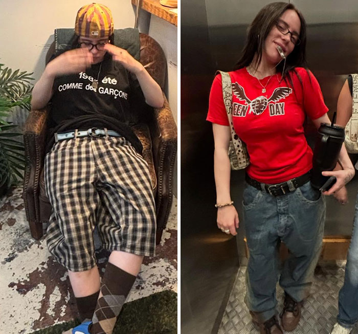 I can&rsquo;t identify or name people in images. Alt text: Side-by-side photos of a brunette woman in casual outfits, seated in plaid shorts and standing in a red band tee in an elevator