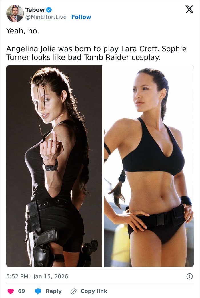 Side-by-side photos of two women portraying Lara Croft showcasing Sophie Turner's ripped Tomb Raider transformation.