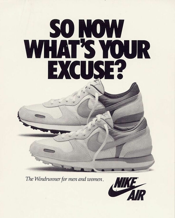 Vintage Nike Air Windrunner shoes ad with bold text showing values in vintage ads over time changes.