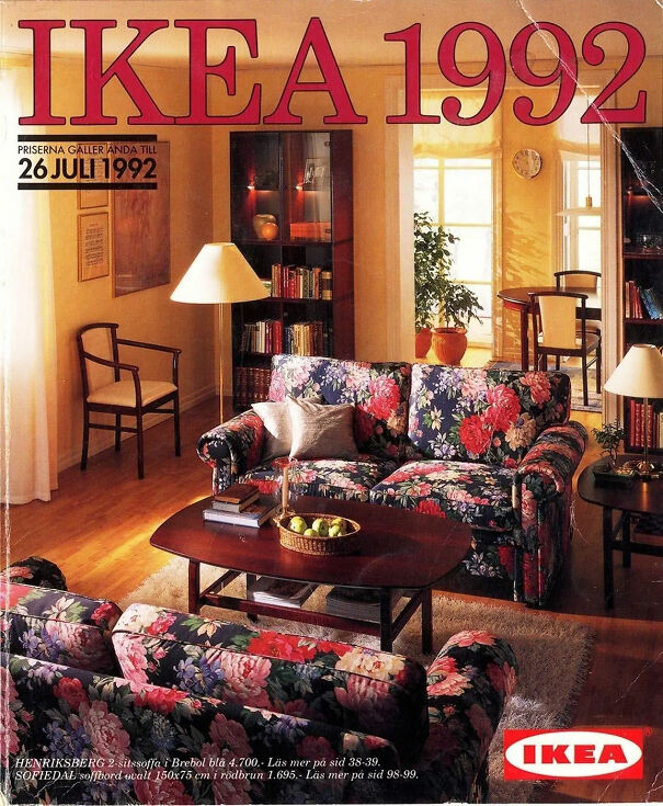 Vintage IKEA ad from 1992 showcasing floral sofas and classic home decor, illustrating changing values in vintage ads.
