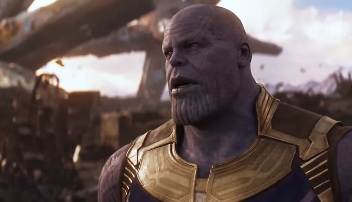 Thanos from Avengers in battle scene, representing famous villains to judge if Lord Voldemort was pure evil.