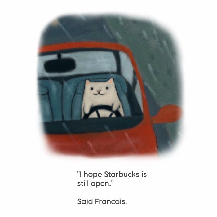 Wholesome cat illustration of a cat driving a red car in the rain, capturing subtle humor and cozy vibes.