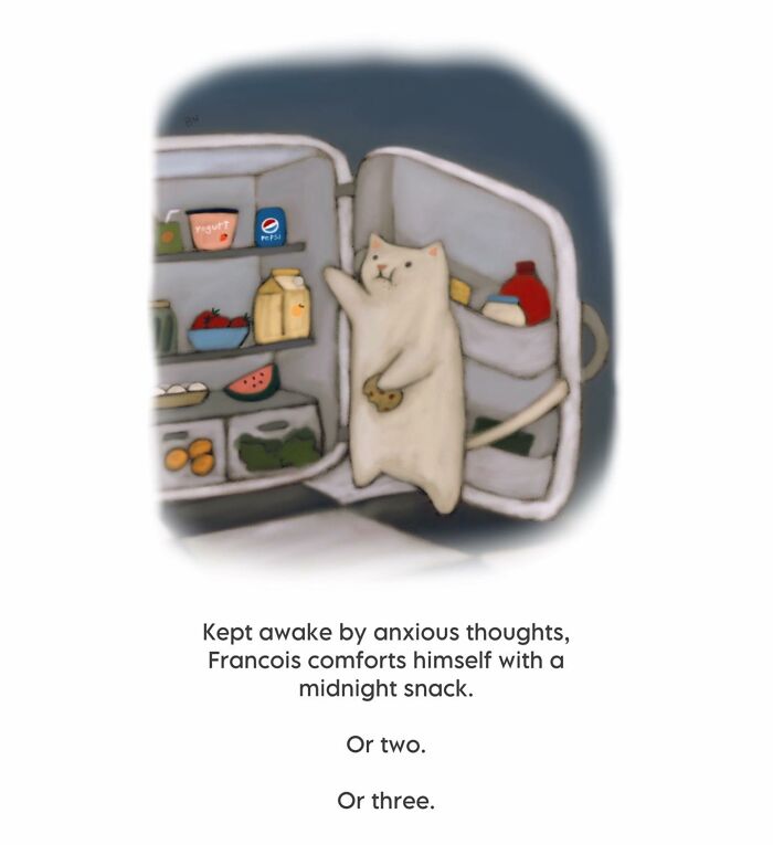 Cat illustration showing a cozy and humorous scene of a cat eating a midnight snack from an open fridge.