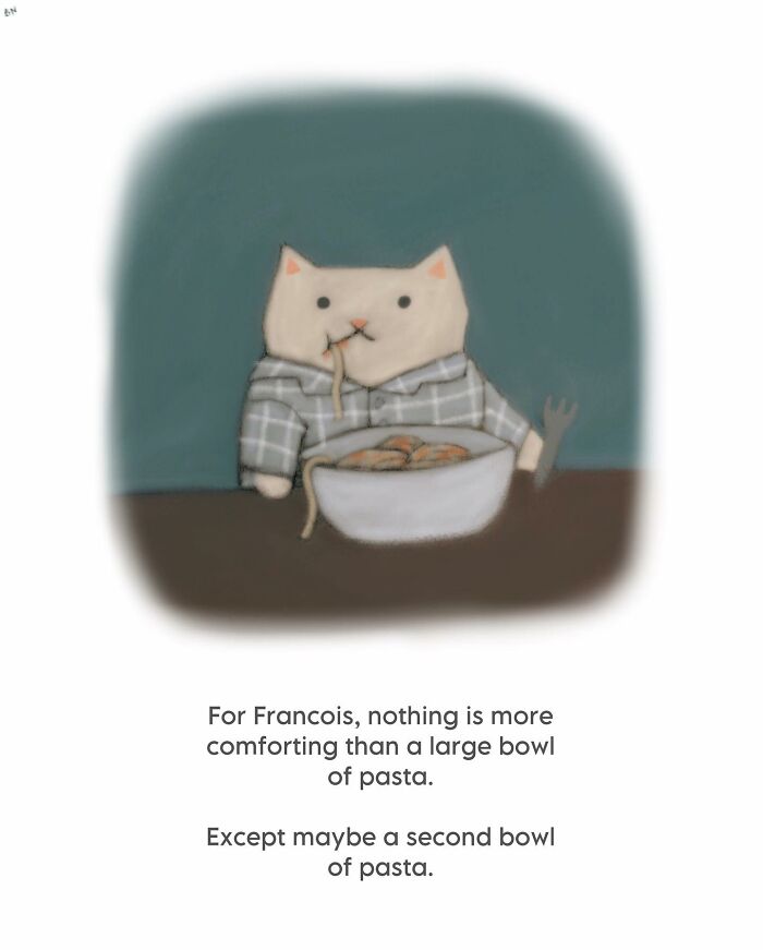 Cat illustration showing a cozy cat enjoying a large bowl of pasta, featuring wholesome humor and cozy vibes.