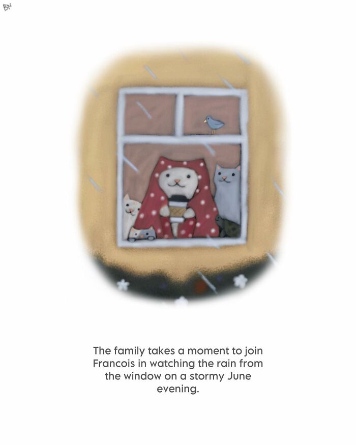 Cozy cat illustration showing a family watching rain from the window with subtle humor and warm vibes.