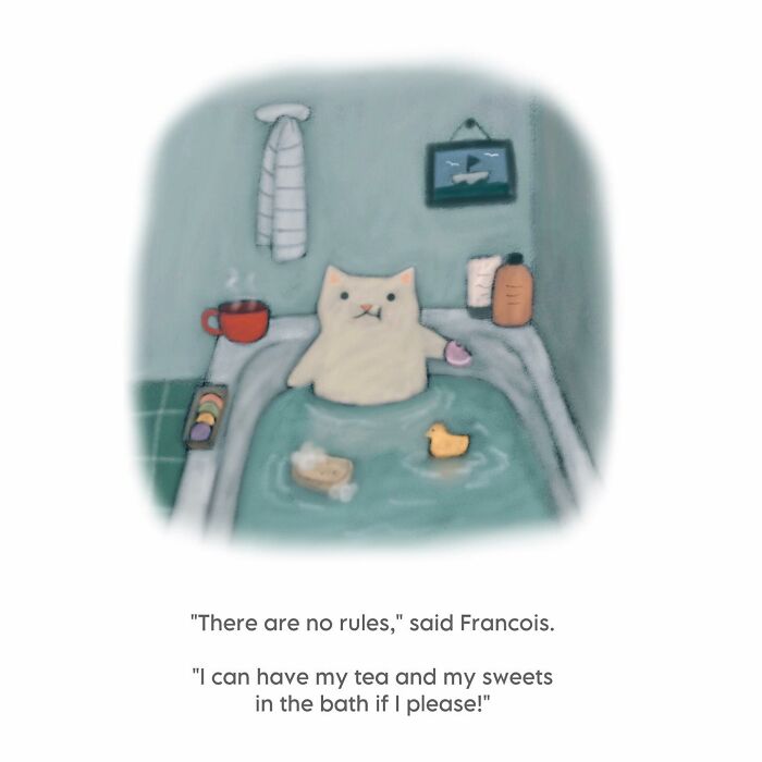 Cozy cat illustration showing a cat enjoying a bath with tea and sweets, full of subtle humor and warmth.