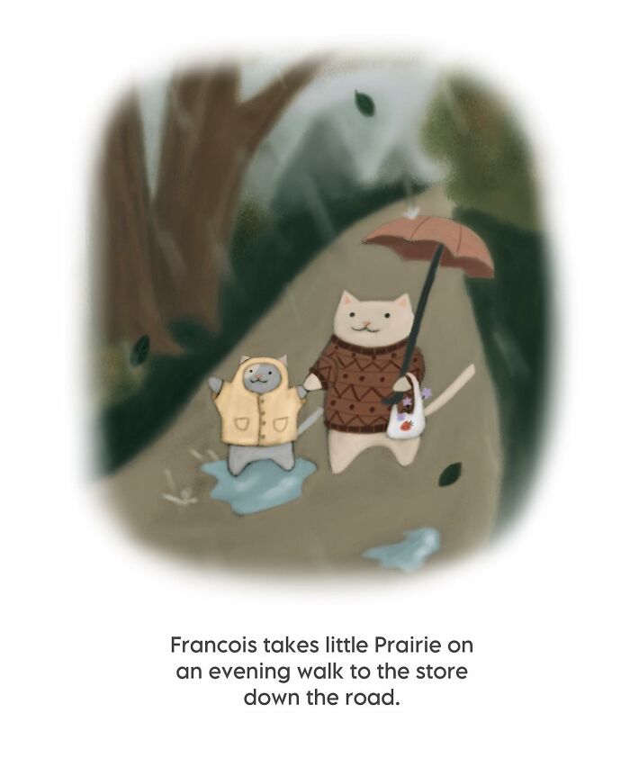 Wholesome cat illustration of two cats walking in rain with umbrella and raincoat, full of subtle humor and cozy vibes.