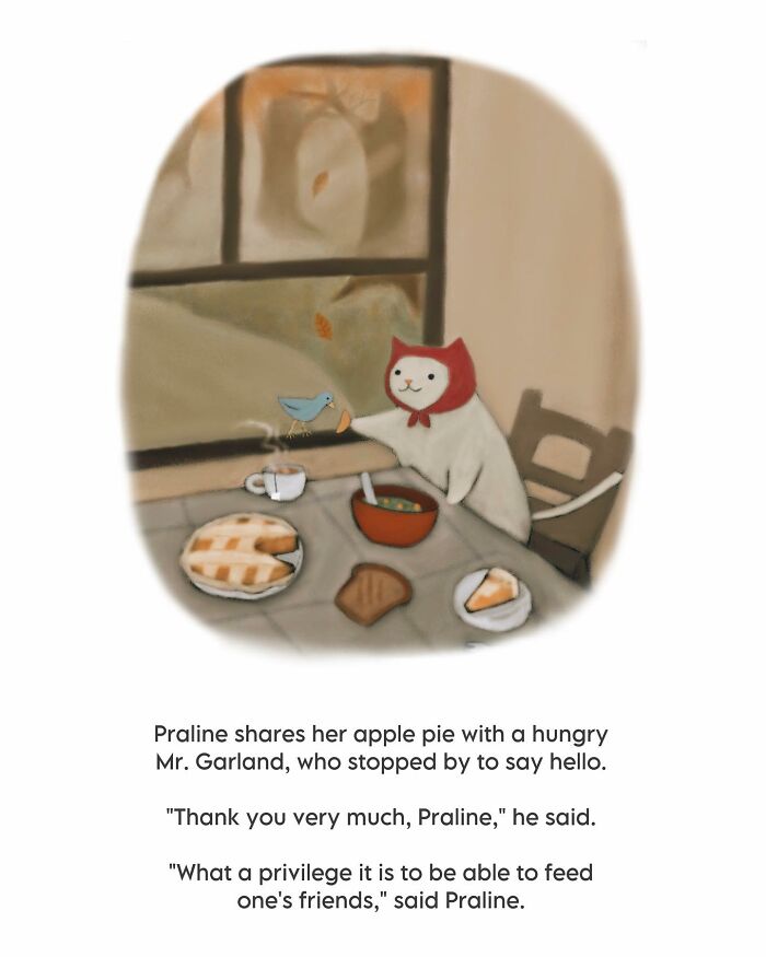 Cozy cat illustration sharing apple pie with a bird, full of subtle humor and wholesome vibes by this artist.