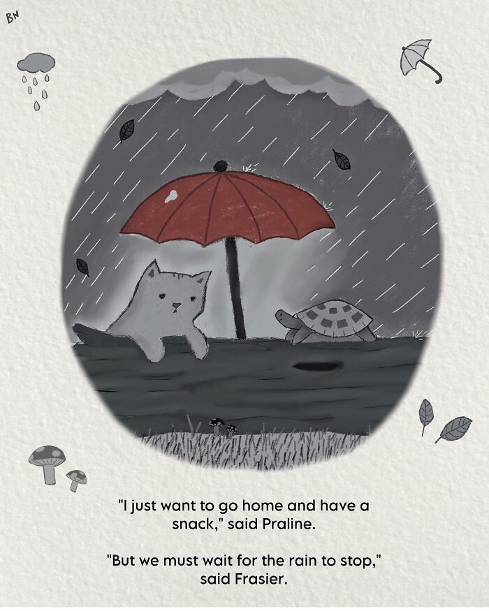Cozy cat illustration with a turtle under a red umbrella in the rain, full of subtle humor and warm vibes.
