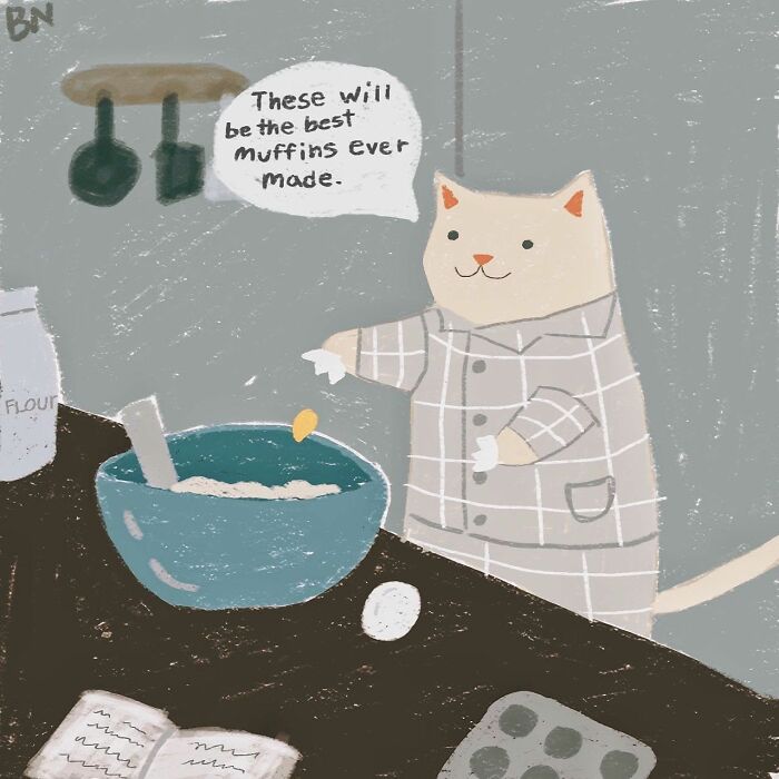 Wholesome cat illustration baking muffins with cozy vibes and subtle humor in a kitchen setting.