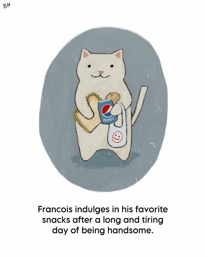 Wholesome cat illustration showing a cozy cat holding snacks and a Pepsi can with subtle humor and cozy vibes.