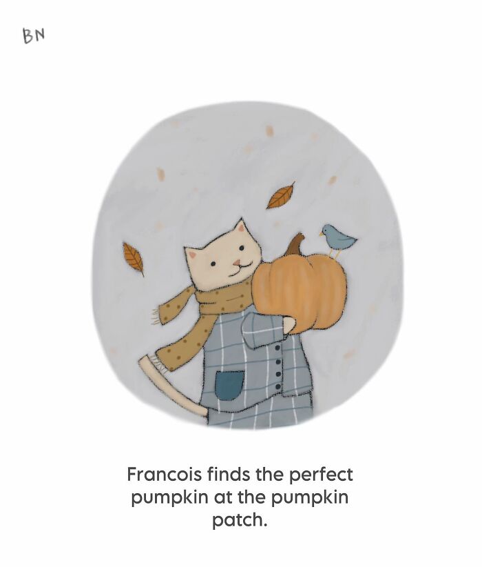 Wholesome cat illustration of a cozy cat holding a pumpkin with a bird perched nearby and autumn leaves falling.