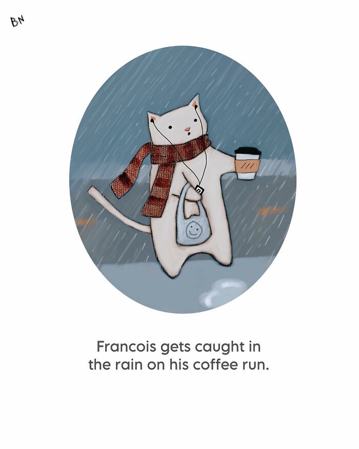 Illustration of a whimsical cat wearing a scarf, caught in the rain on a coffee run, showcasing wholesome cat illustrations.