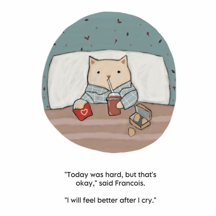 Cozy cat illustration showing a cat drinking and holding a card, featuring wholesome humor and subtle cozy vibes.