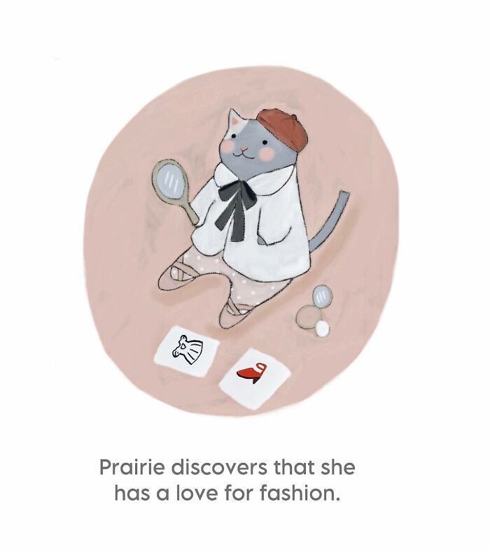 Cozy cat illustration featuring a cat with a mirror and fashion sketches, full of subtle humor and warm vibes.