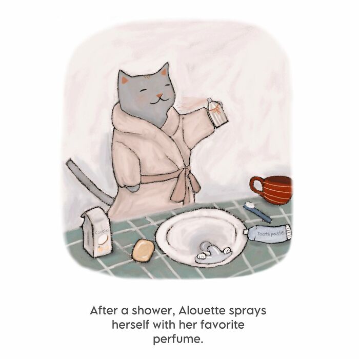 Wholesome cat illustration of a gray cat in a bathrobe spraying perfume with cozy and subtle humor vibes.