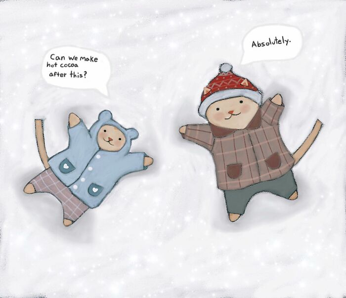 Wholesome cat illustrations showing two cozy cats making snow angels with subtle humor in winter attire.