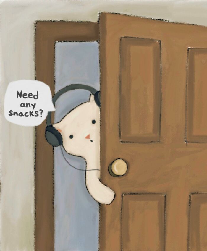 Wholesome cat illustration of a cat wearing headphones peeking through a door asking if you need any snacks.