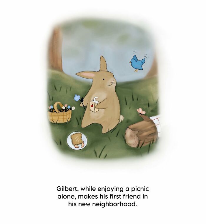 Illustration of a cozy picnic scene with a whimsical animal and bird, capturing wholesome cat illustration vibes.