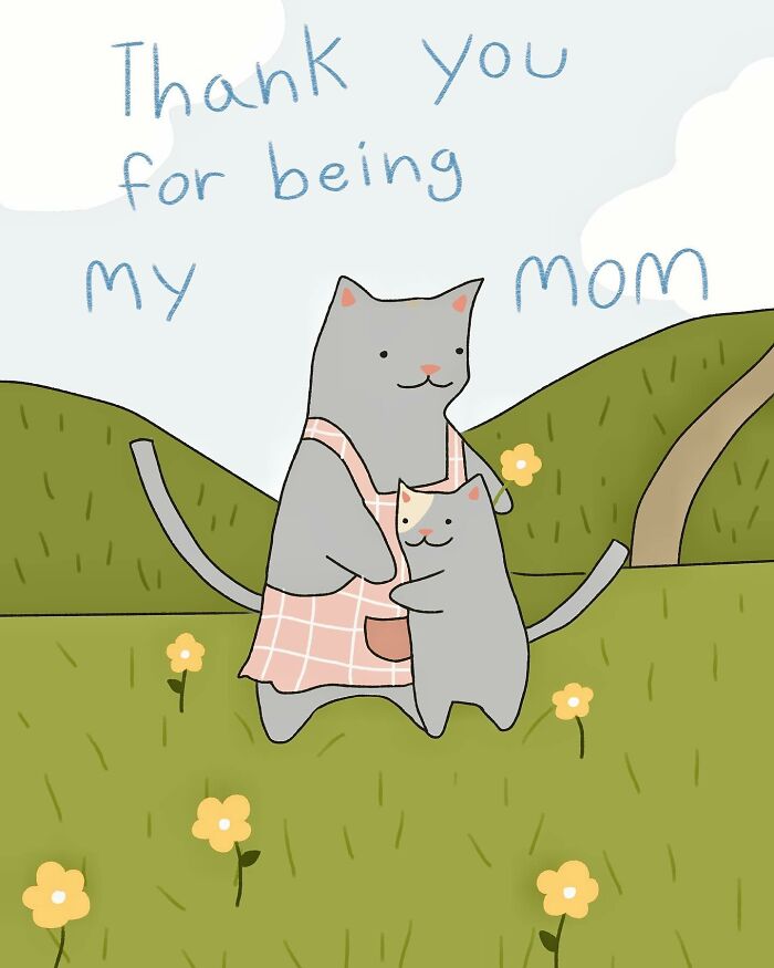 Wholesome cat illustrations showing a mother cat hugging a kitten in a cozy outdoor setting with flowers and hills.