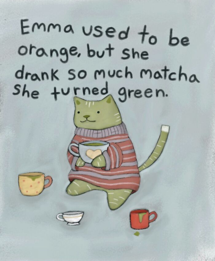 Wholesome cat illustration with a green cat in a cozy sweater holding a cup, featuring subtle humor about matcha.