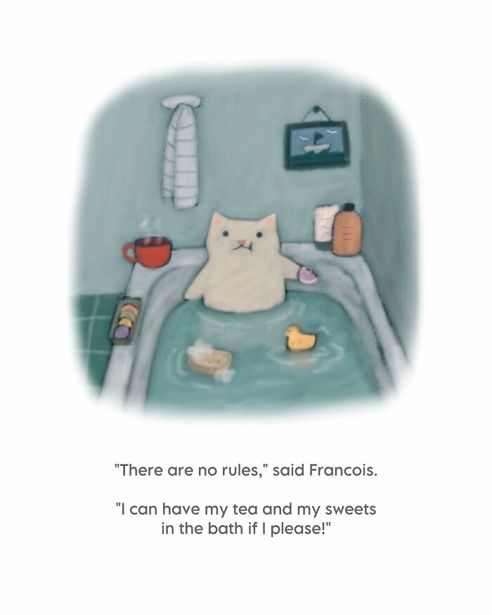 Wholesome cat illustration showing a cozy cat enjoying tea and sweets in a bath full of subtle humor and warmth.