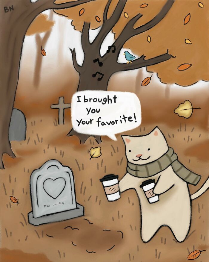 Wholesome cat illustration showing a cozy autumn scene with a cat holding two coffees near a gravestone.