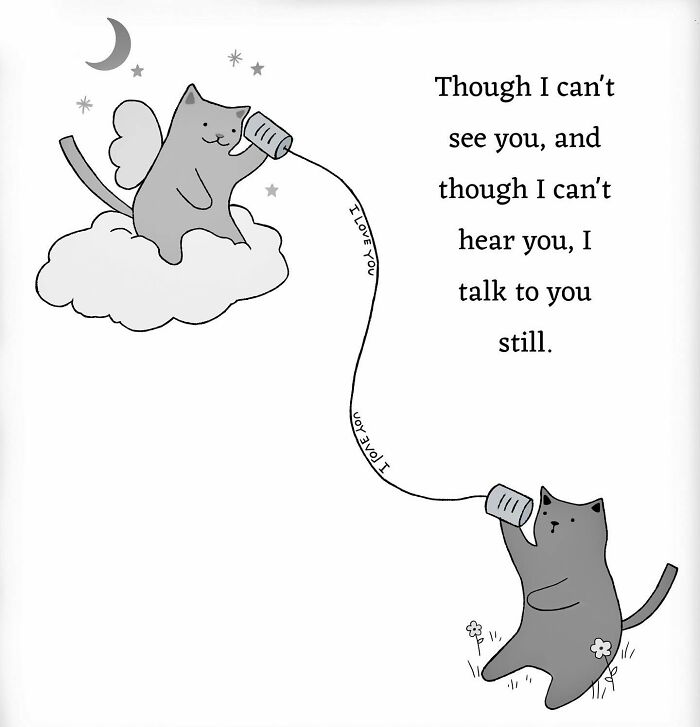 Wholesome cat illustration showing two cats talking with tin can phones, full of cozy vibes and subtle humor.