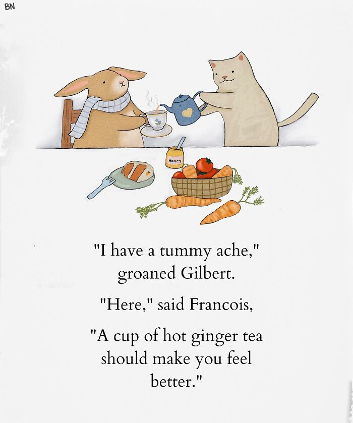 Cat illustration showing a cozy scene of a cat pouring tea for a bunny with carrots and honey on the table.