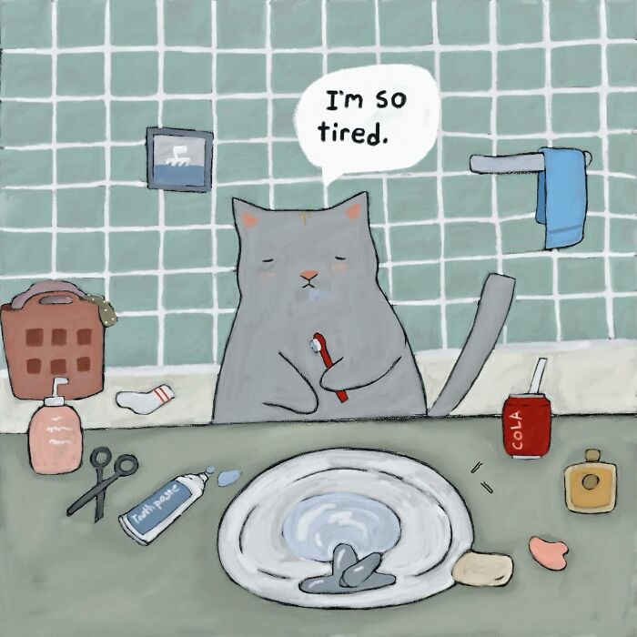 Illustration of a tired gray cat holding a toothbrush in a messy bathroom, capturing wholesome cat humor and cozy vibes.