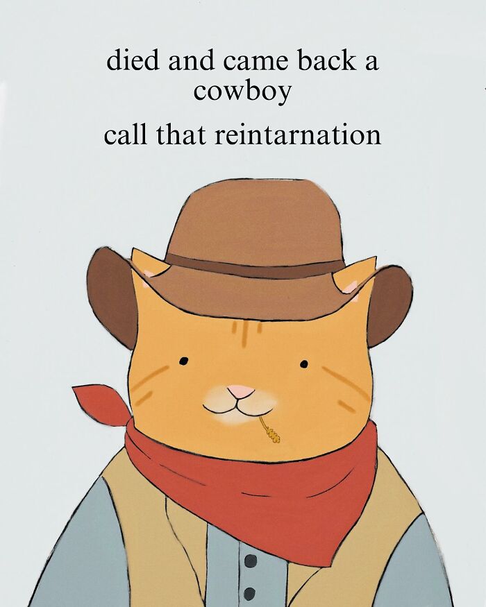 Wholesome cat illustration of a cat dressed as a cowboy with subtle humor and cozy vibes.