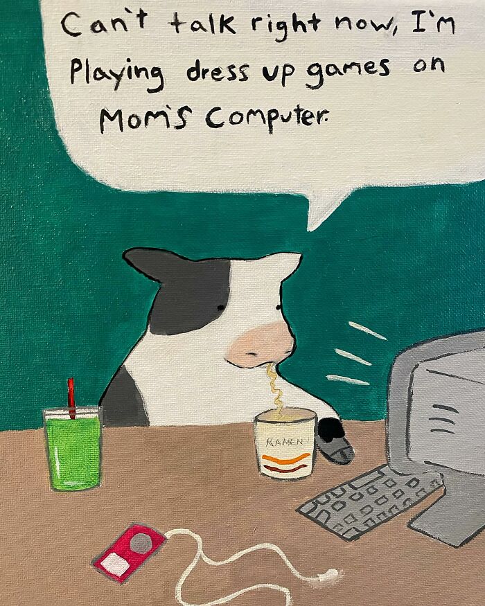 Wholesome cat illustration showing a cozy scene with subtle humor of a cow eating ramen by a computer.