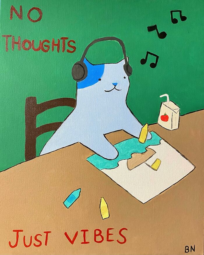 Wholesome cat illustration with subtle humor showing a cat wearing headphones and coloring with cozy vibes.