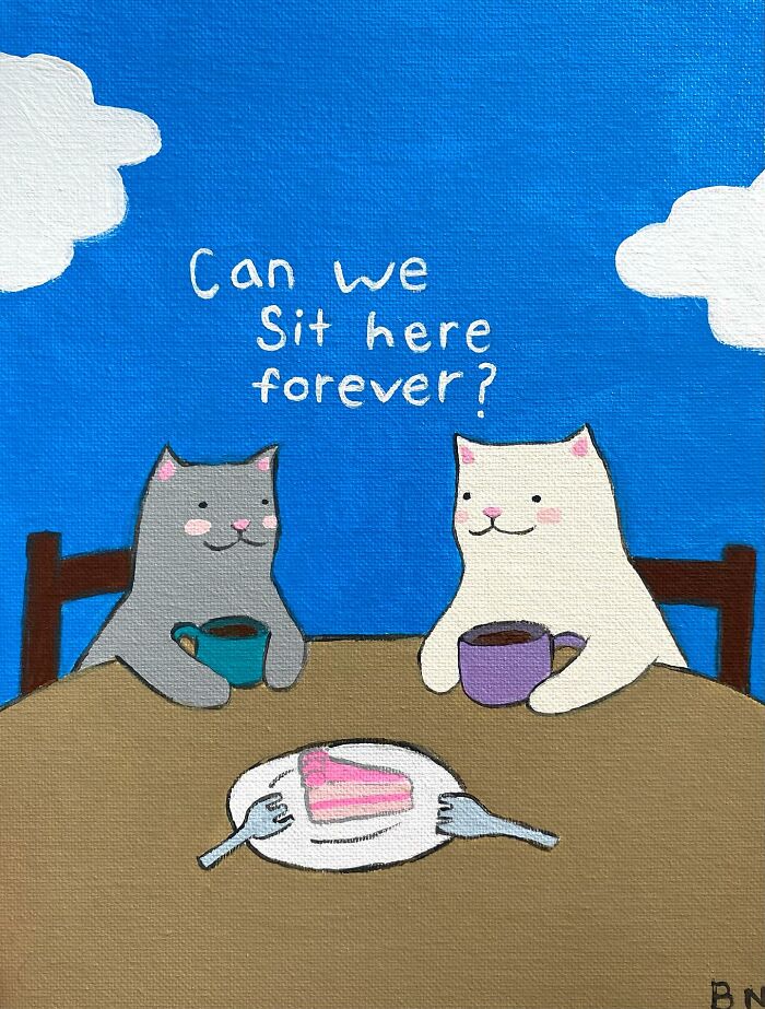 Two cozy cat illustrations holding mugs and sharing cake, full of subtle humor and warm, wholesome vibes.