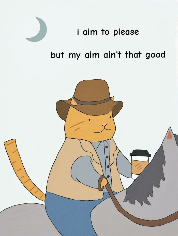 Wholesome cat illustration with subtle humor showing a cat dressed as a cowboy holding coffee and riding a horse.