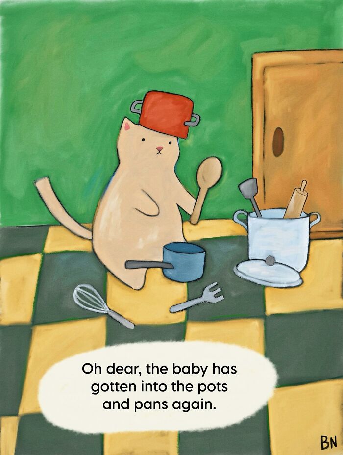 Wholesome cat illustration showing a cat with a pot on its head playing with kitchen utensils in a cozy setting.