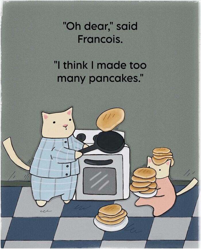 Wholesome cat illustrations showing cozy kitchen scene with cats making pancakes and subtle humor.