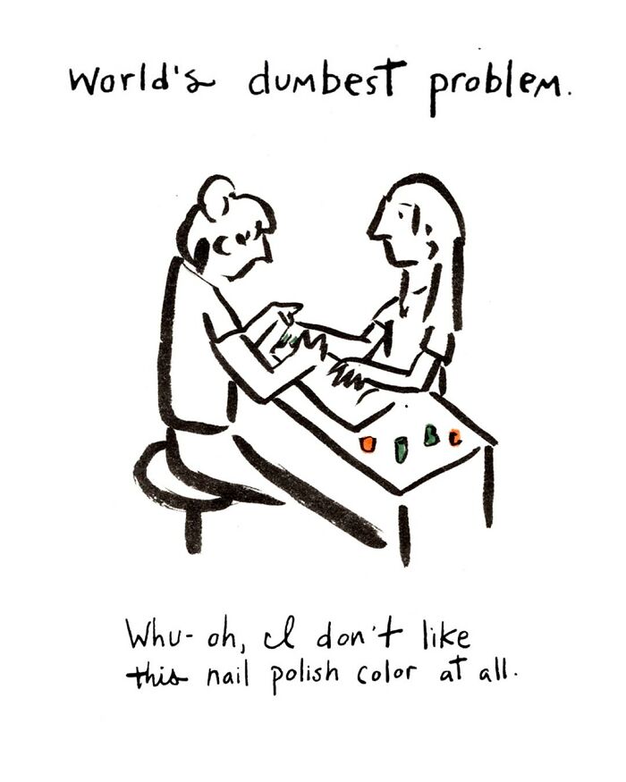 Black and white comic by Dana Jeri Maier showing a person frustrated with nail polish color during a manicure.